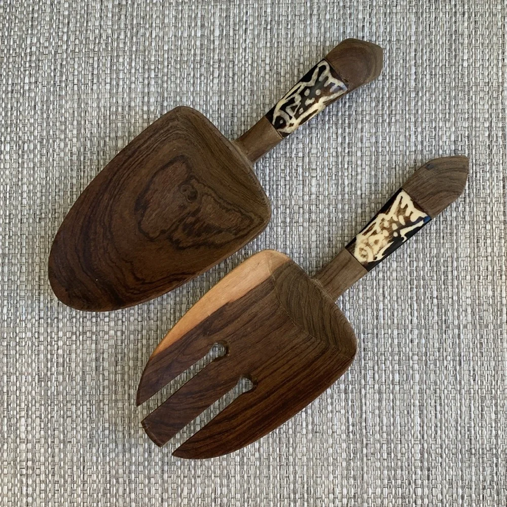 Vintage Wood Salad Servers with Fish Design Accents